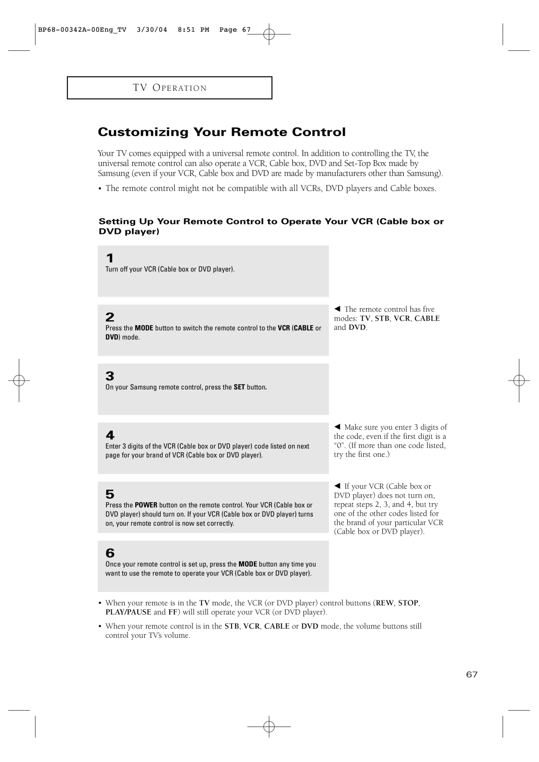 Samsung HC-P4363W manual Customizing Your Remote Control 