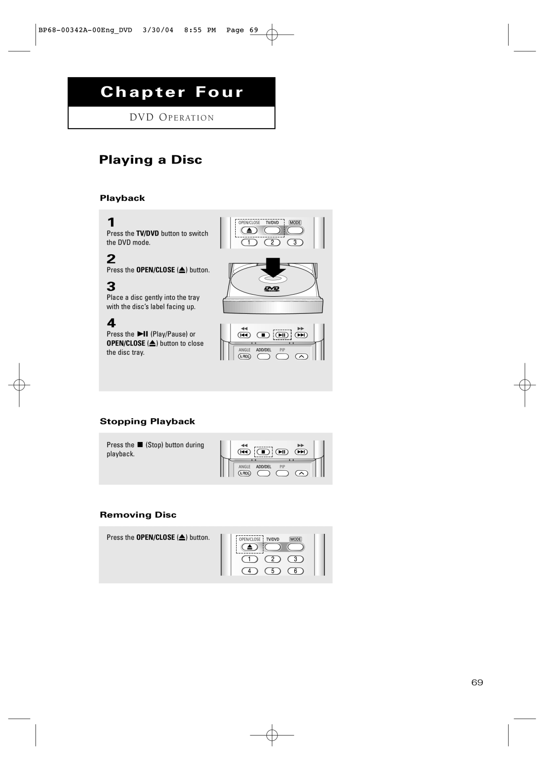 Samsung HC-P4363W manual Playing a Disc, Stopping Playback, Removing Disc 