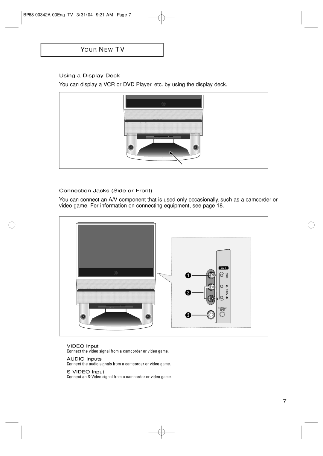 Samsung HC-P4363W manual Using a Display Deck, Connection Jacks Side or Front, Video Input, ´ Audio Inputs 