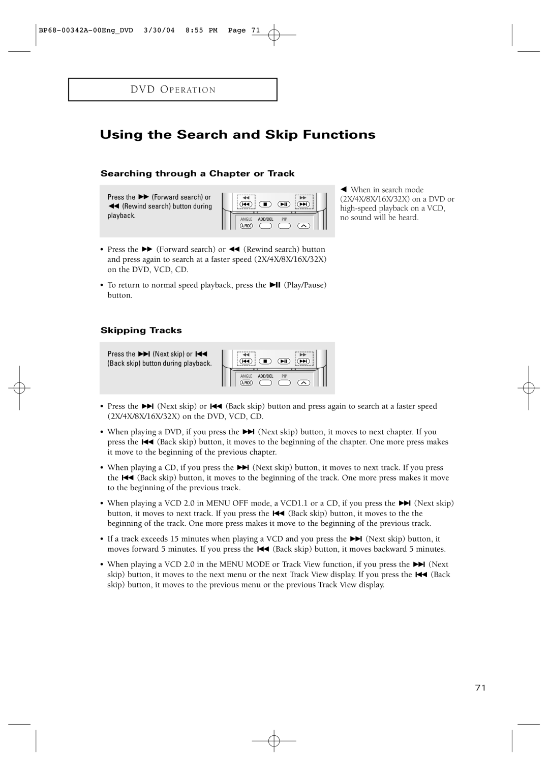 Samsung HC-P4363W manual Using the Search and Skip Functions, Searching through a Chapter or Track, Skipping Tracks 