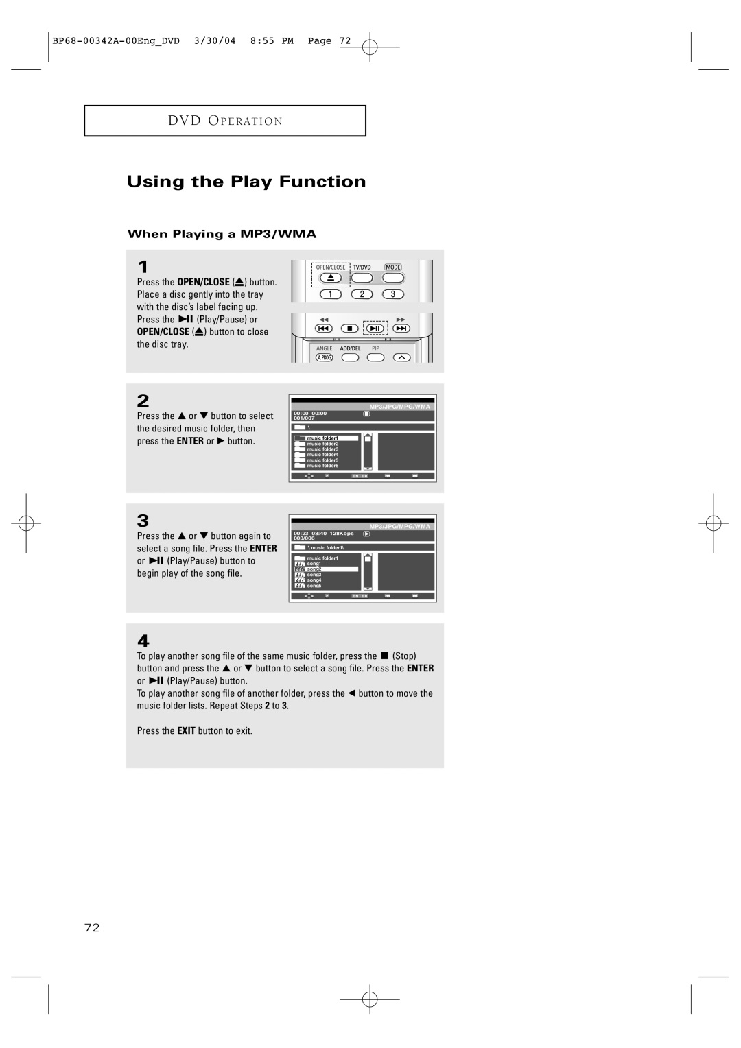 Samsung HC-P4363W manual Using the Play Function, When Playing a MP3/WMA 