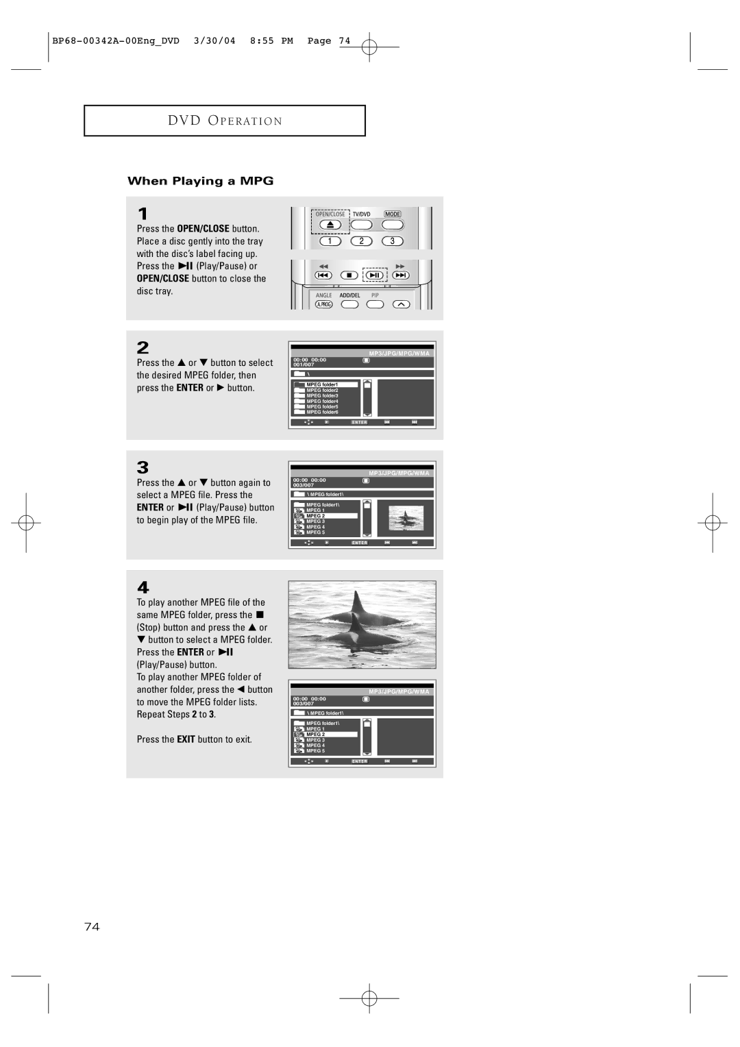 Samsung HC-P4363W manual When Playing a MPG 