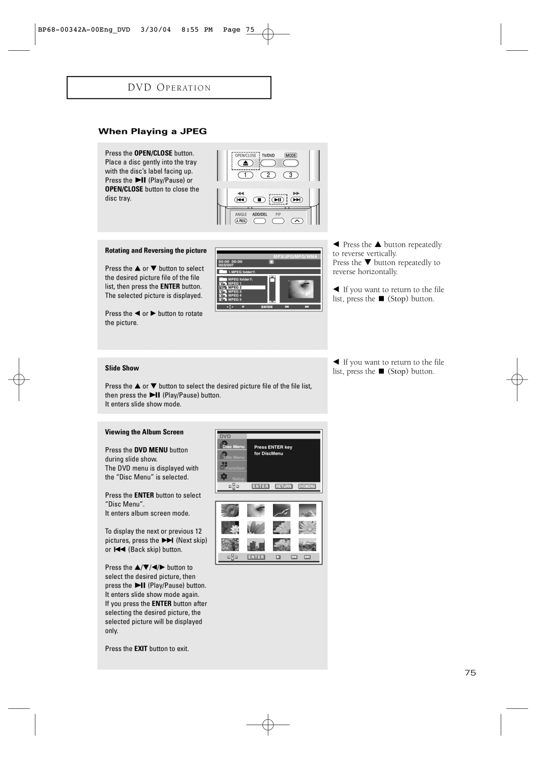 Samsung HC-P4363W manual When Playing a Jpeg, Slide Show, Viewing the Album Screen 