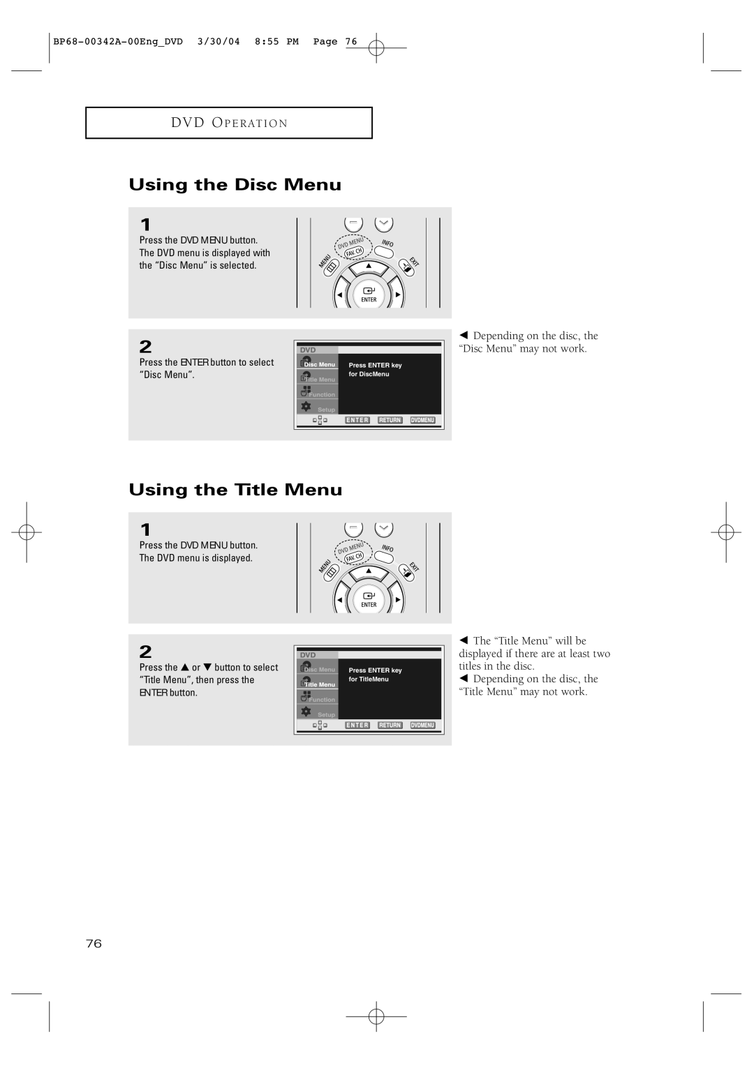 Samsung HC-P4363W manual Using the Disc Menu, Using the Title Menu 