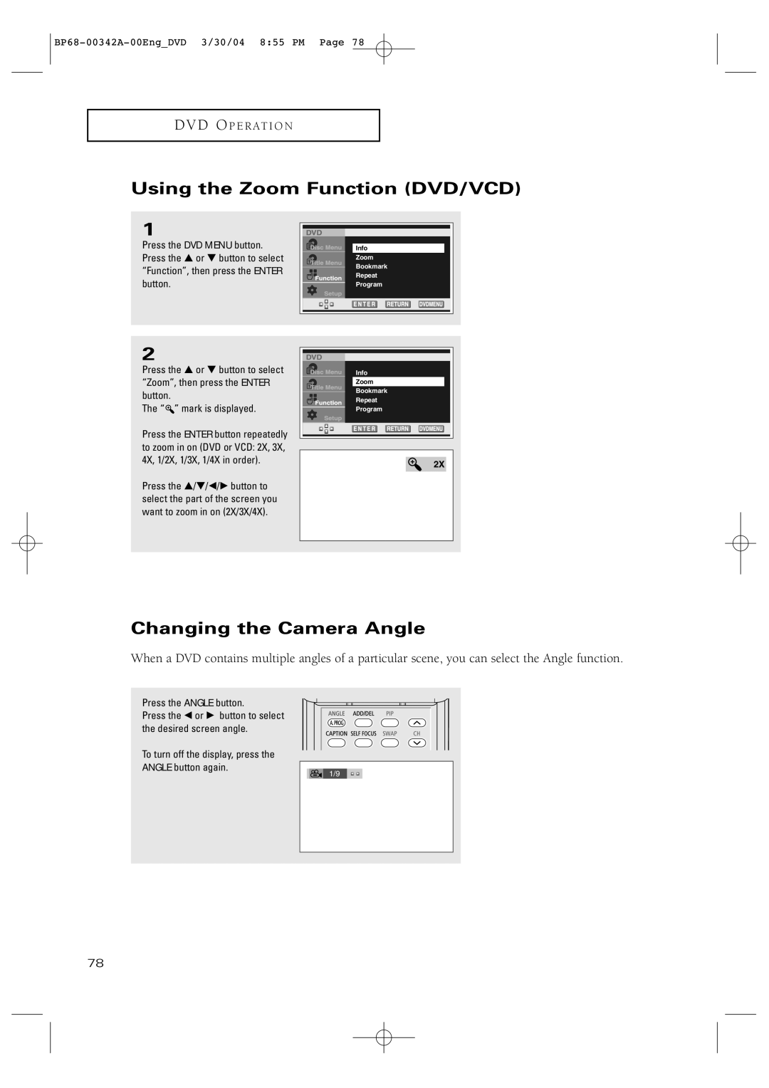 Samsung HC-P4363W manual Using the Zoom Function DVD/VCD, Changing the Camera Angle 