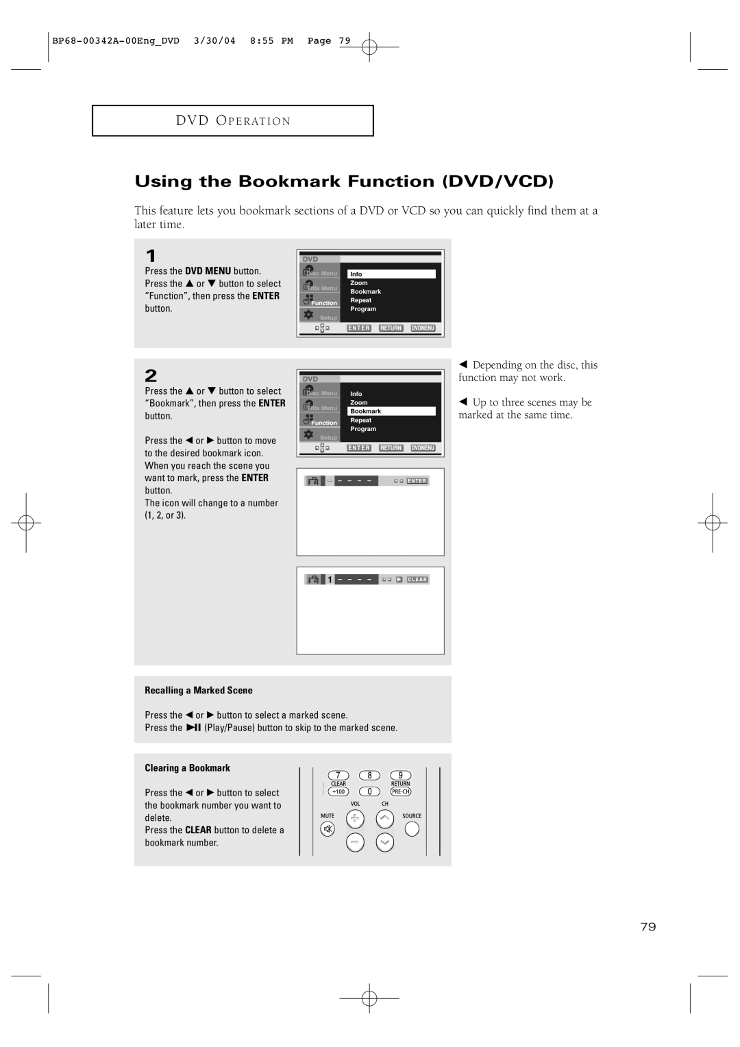 Samsung HC-P4363W manual Using the Bookmark Function DVD/VCD, Recalling a Marked Scene, Clearing a Bookmark 