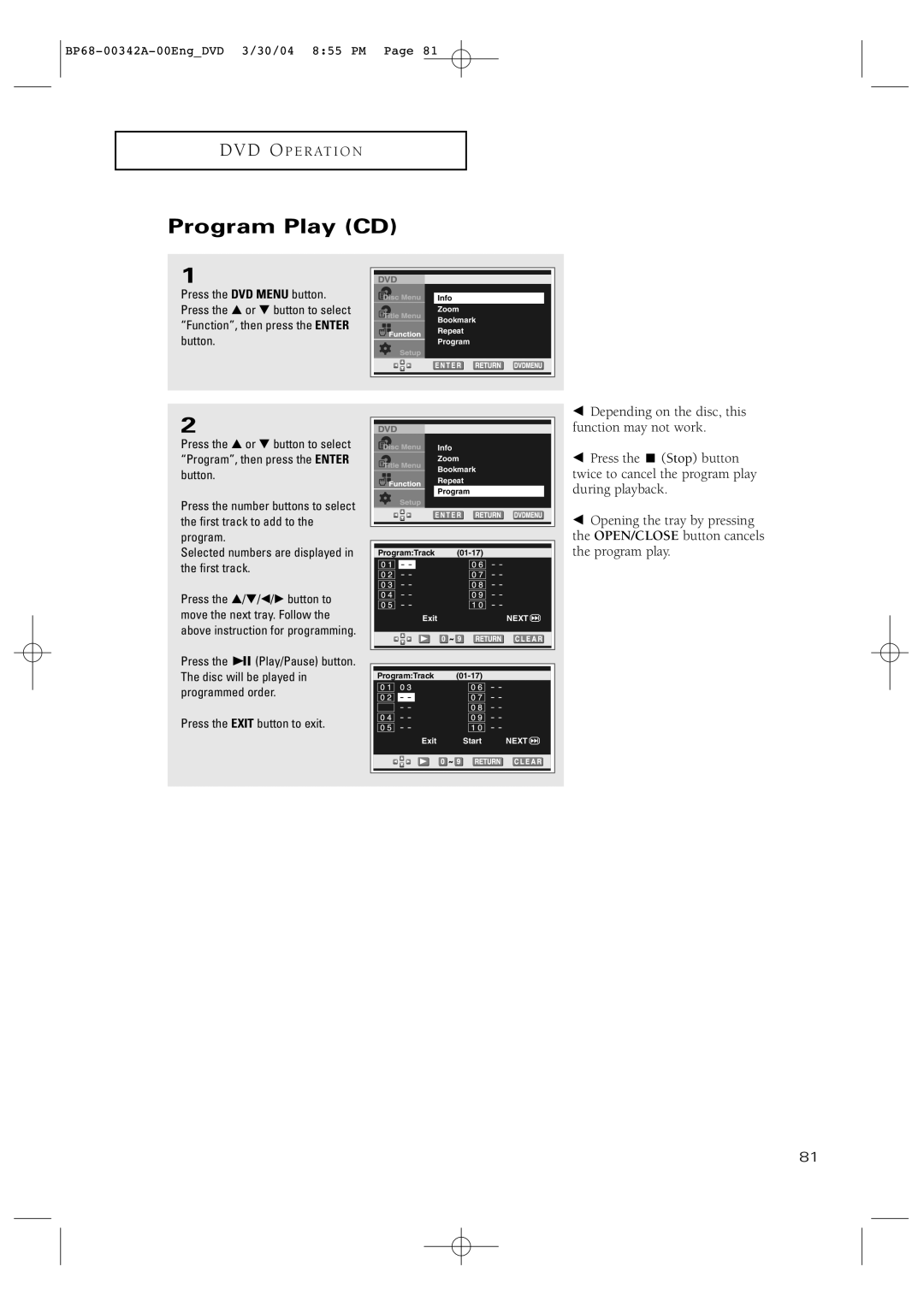 Samsung HC-P4363W manual Program Play CD 