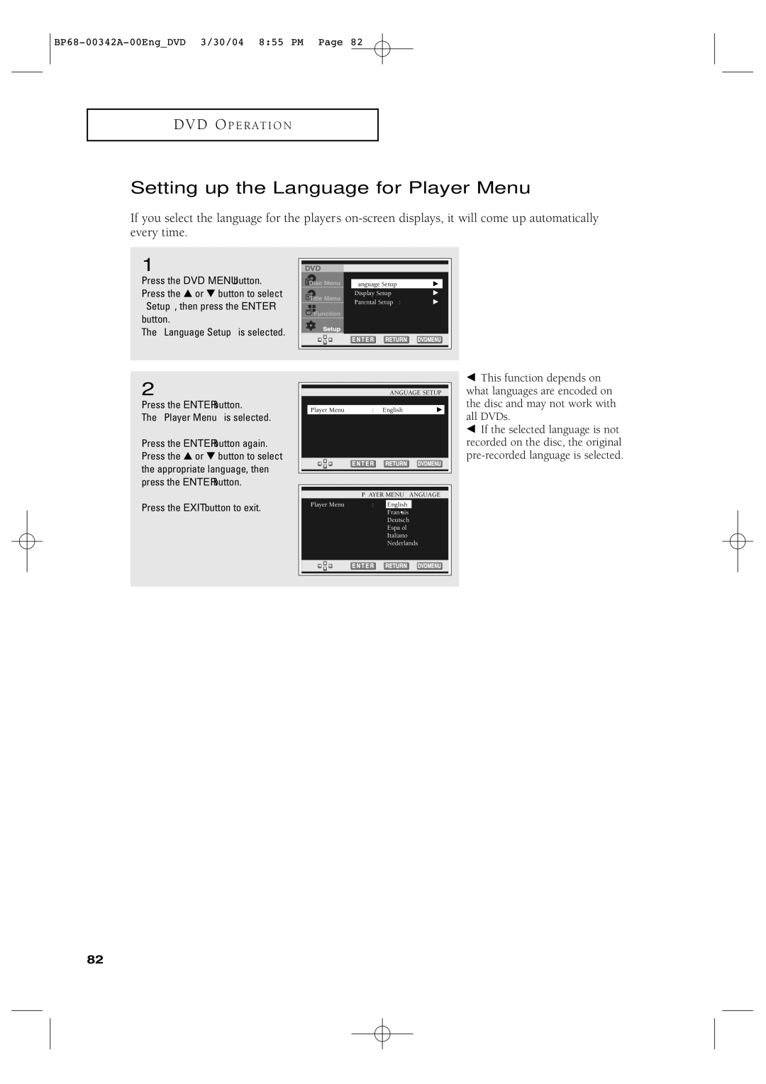 Samsung HC-P4363W manual Setting up the Language for Player Menu, Press the Enter button Player Menu is selected 