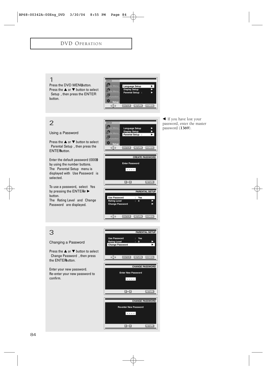 Samsung HC-P4363W manual Setting up the Parental Control, Using a Password, Changing a Password 