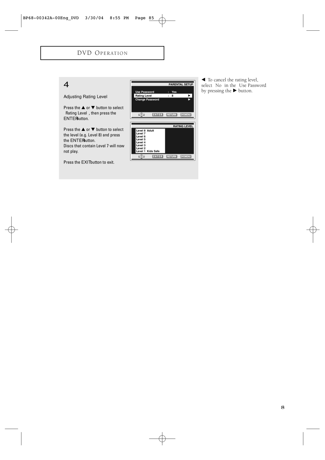 Samsung HC-P4363W manual Adjusting Rating Level 