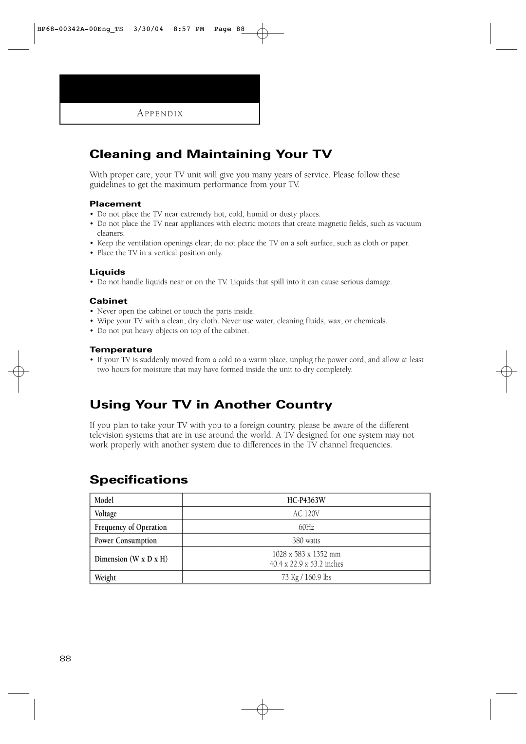 Samsung HC-P4363W manual Cleaning and Maintaining Your TV, Using Your TV in Another Country, Specifications 