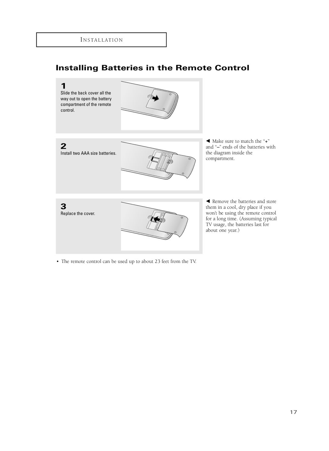 Samsung HC-P4741W, HC-P5241W manual Installing Batteries in the Remote Control 