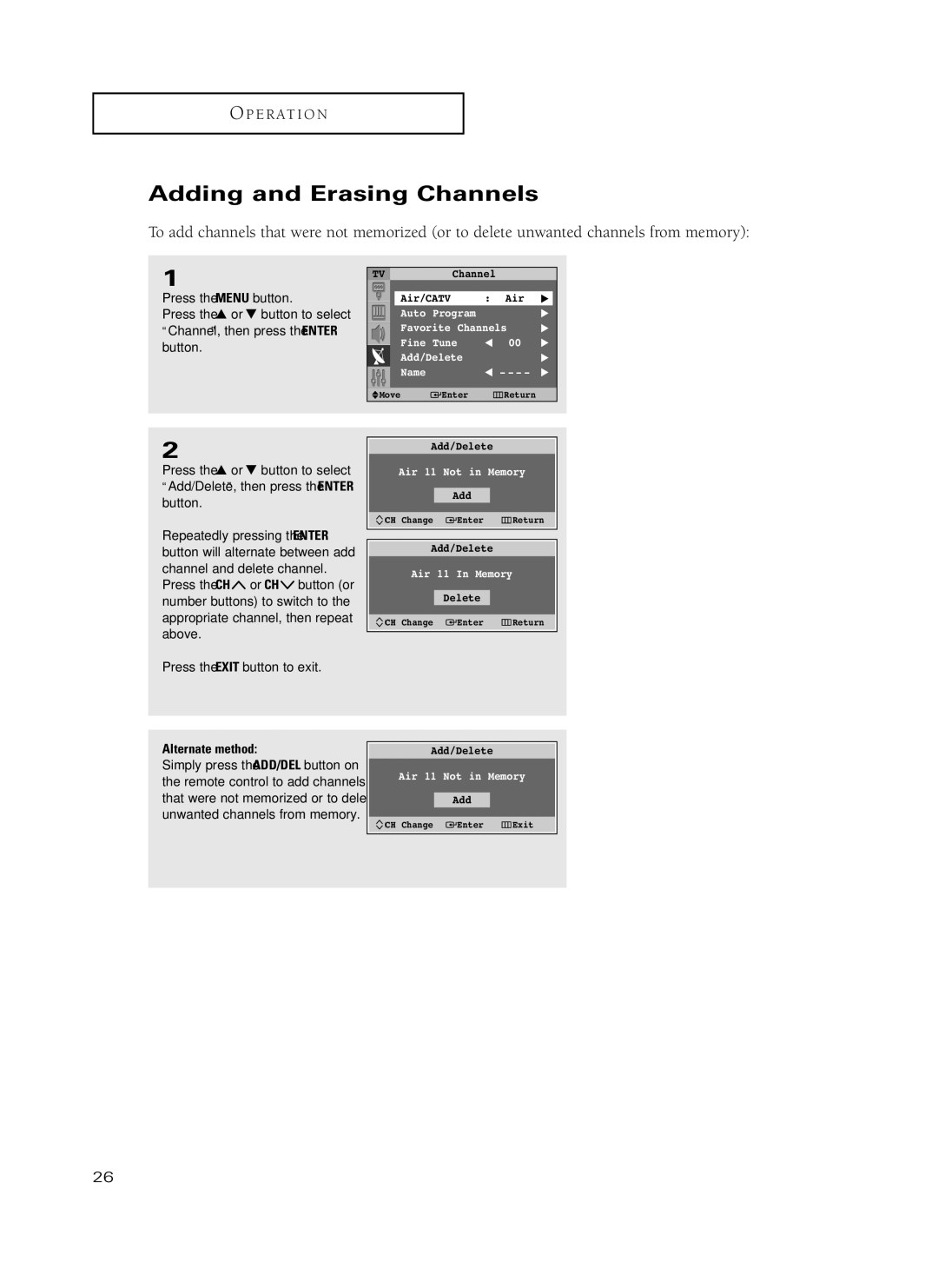 Samsung HC-P5241W, HC-P4741W manual Adding and Erasing Channels 