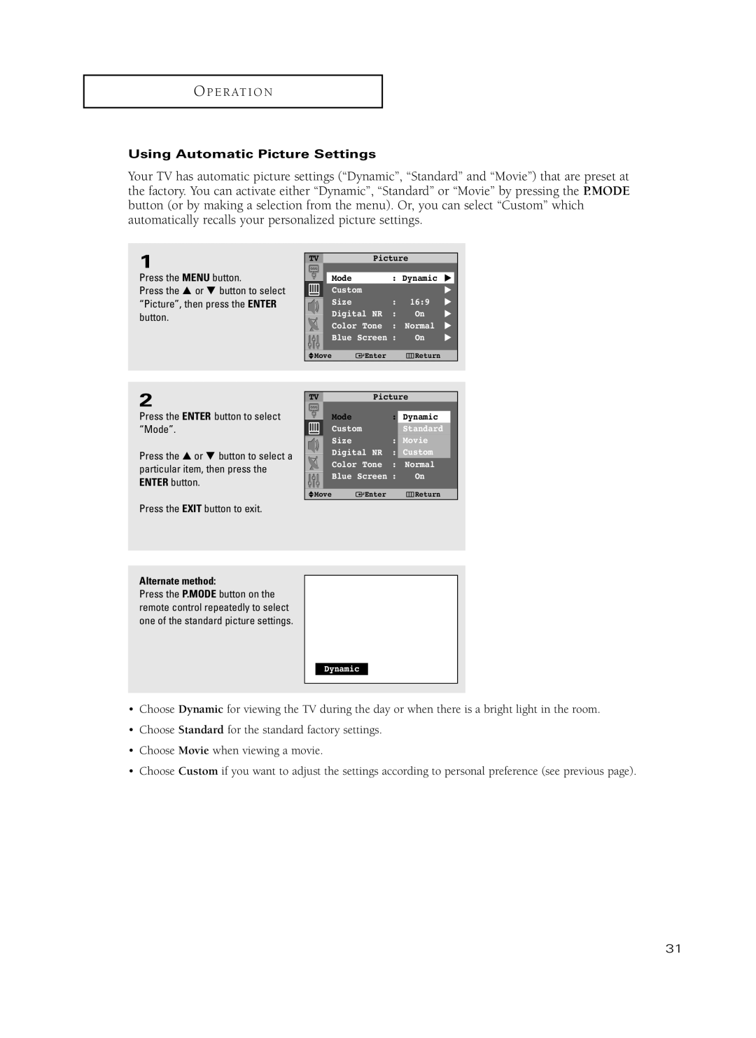 Samsung HC-P4741W, HC-P5241W manual Using Automatic Picture Settings 