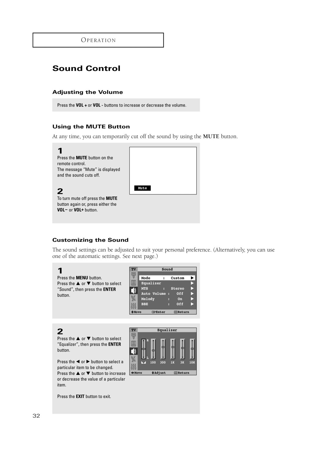 Samsung HC-P5241W, HC-P4741W manual Sound Control, Adjusting the Volume, Using the Mute Button, Customizing the Sound 