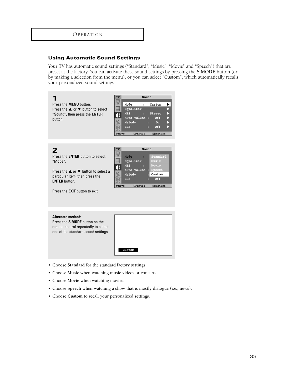 Samsung HC-P4741W, HC-P5241W manual Using Automatic Sound Settings 