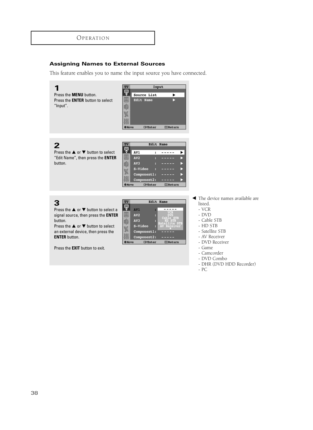 Samsung HC-P5241W, HC-P4741W manual Assigning Names to External Sources 