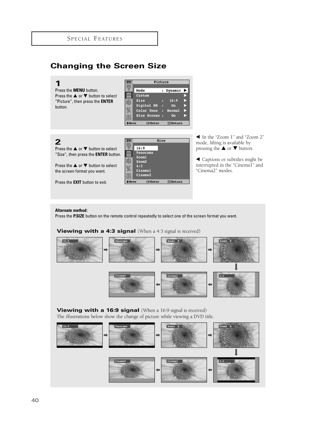 Samsung HC-P5241W, HC-P4741W manual Changing the Screen Size, Press the … or † button to select 