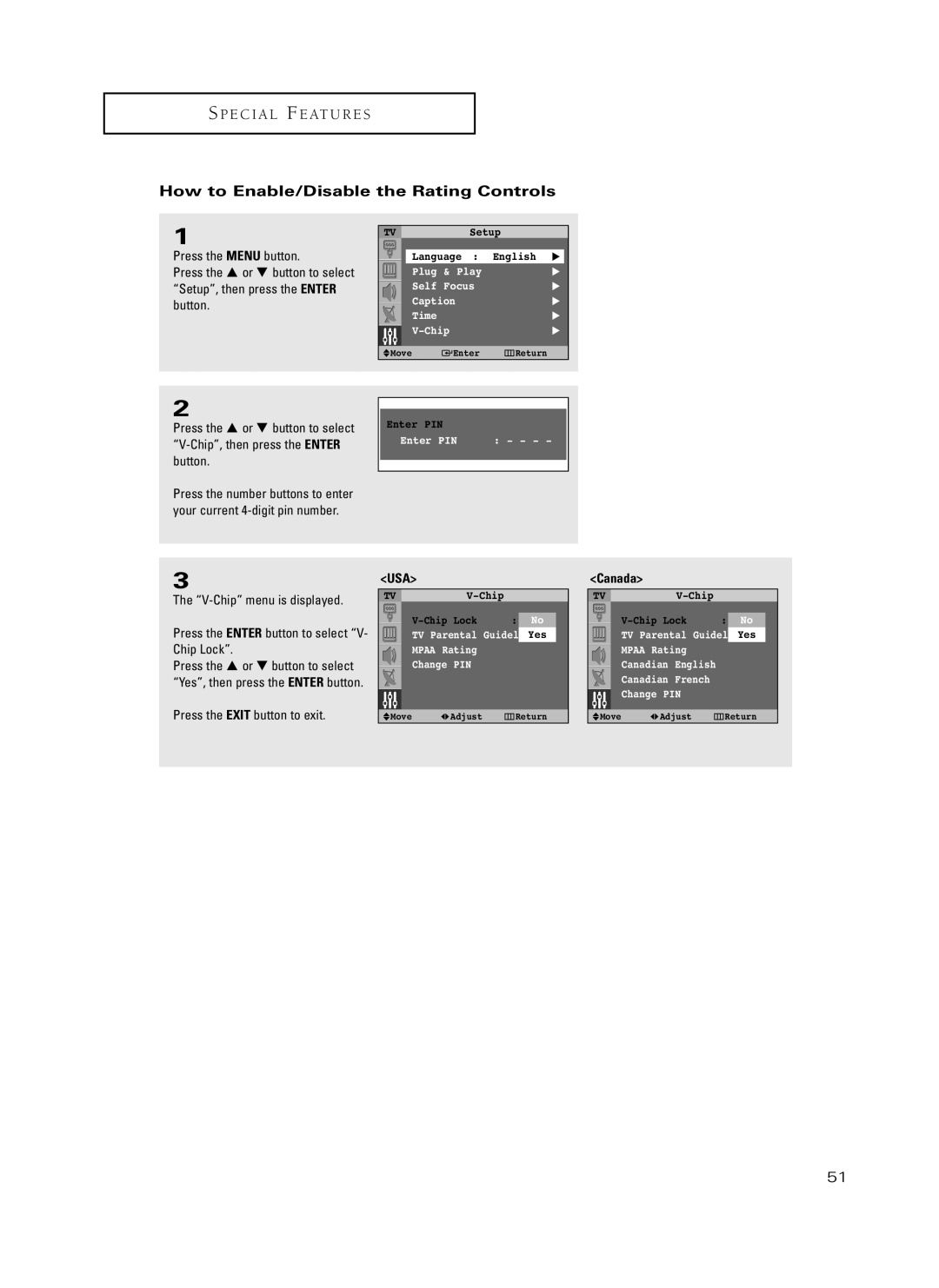 Samsung HC-P4741W, HC-P5241W manual How to Enable/Disable the Rating Controls 