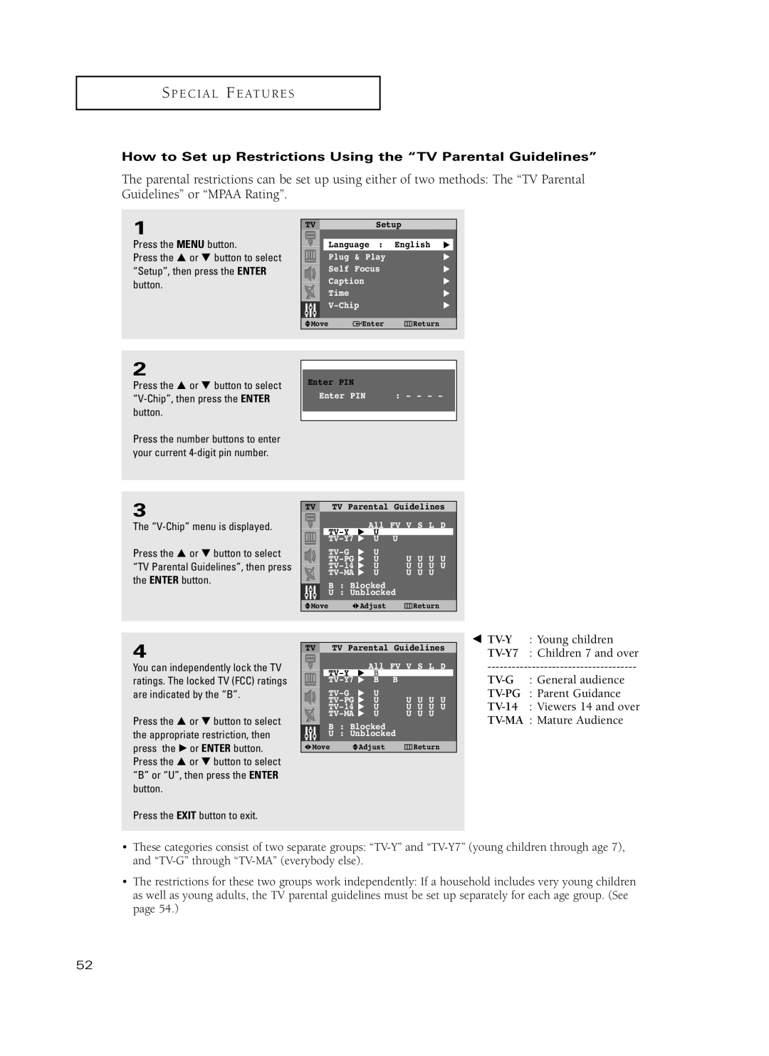 Samsung HC-P5241W, HC-P4741W manual How to Set up Restrictions Using the TV Parental Guidelines 