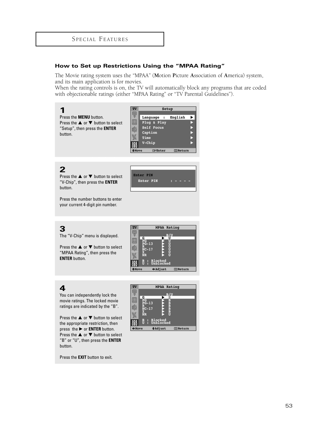 Samsung HC-P4741W, HC-P5241W manual How to Set up Restrictions Using the Mpaa Rating 