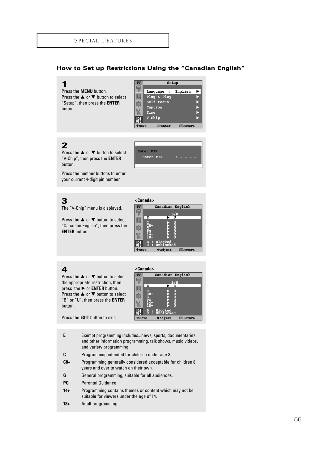 Samsung HC-P4741W, HC-P5241W manual How to Set up Restrictions Using the Canadian English 