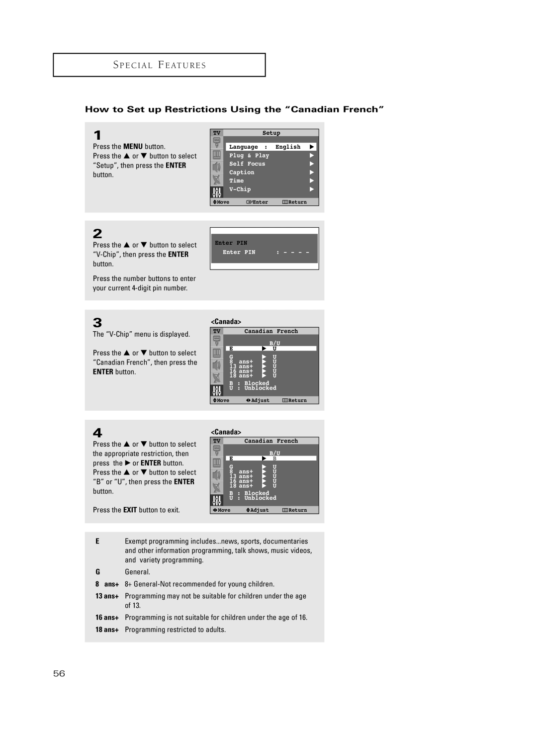 Samsung HC-P5241W, HC-P4741W manual How to Set up Restrictions Using the Canadian French 