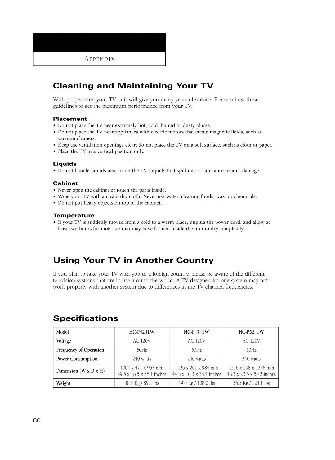 Samsung HC-P5241W, HC-P4741W manual Cleaning and Maintaining Your TV, Using Your TV in Another Country, Specifications 