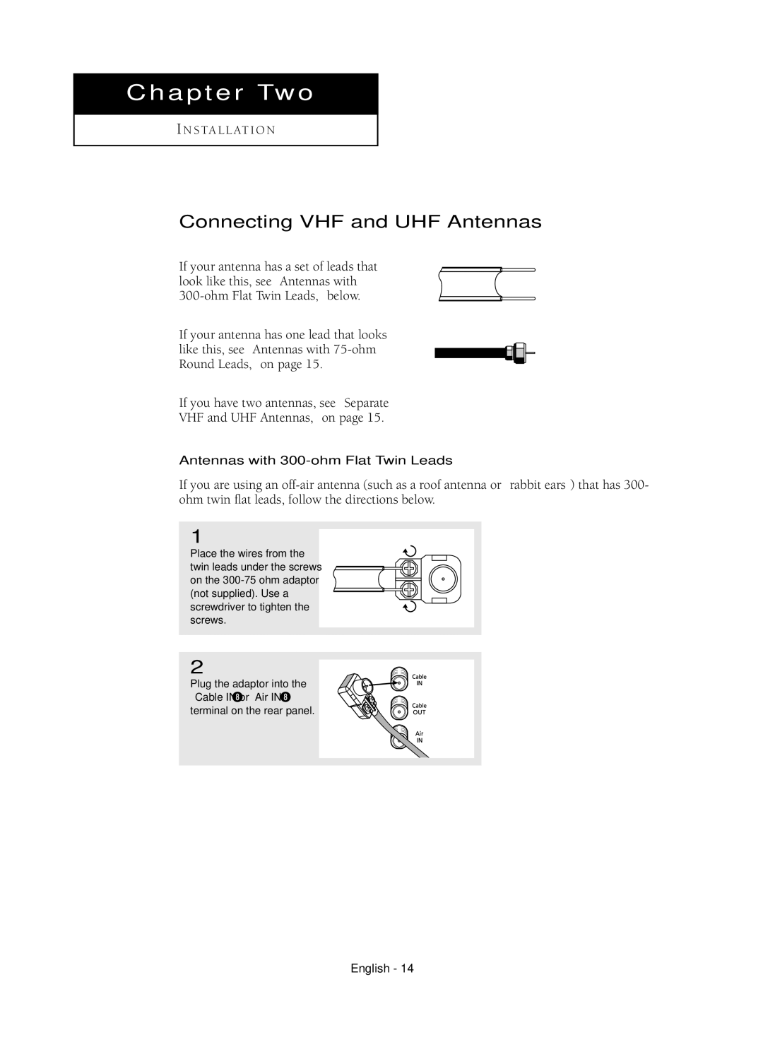 Samsung HC-P5256W manual Connecting VHF and UHF Antennas, Antennas with 300-ohm Flat Twin Leads 