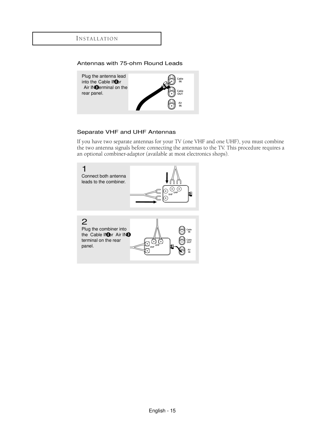 Samsung HC-P5256W manual Antennas with 75-ohm Round Leads, Separate VHF and UHF Antennas 