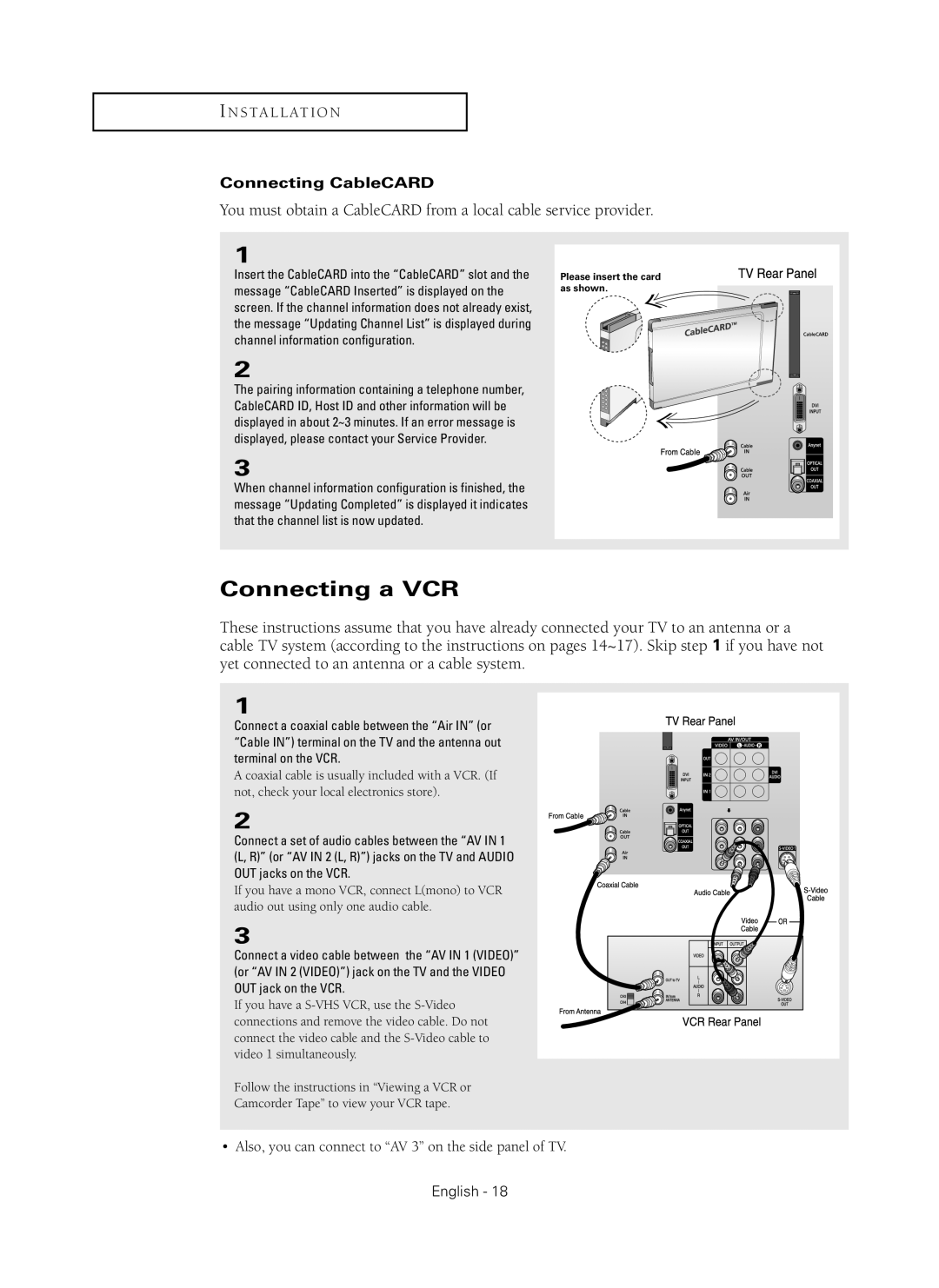 Samsung HC-P5256W manual Connecting a VCR, Connecting CableCARD 