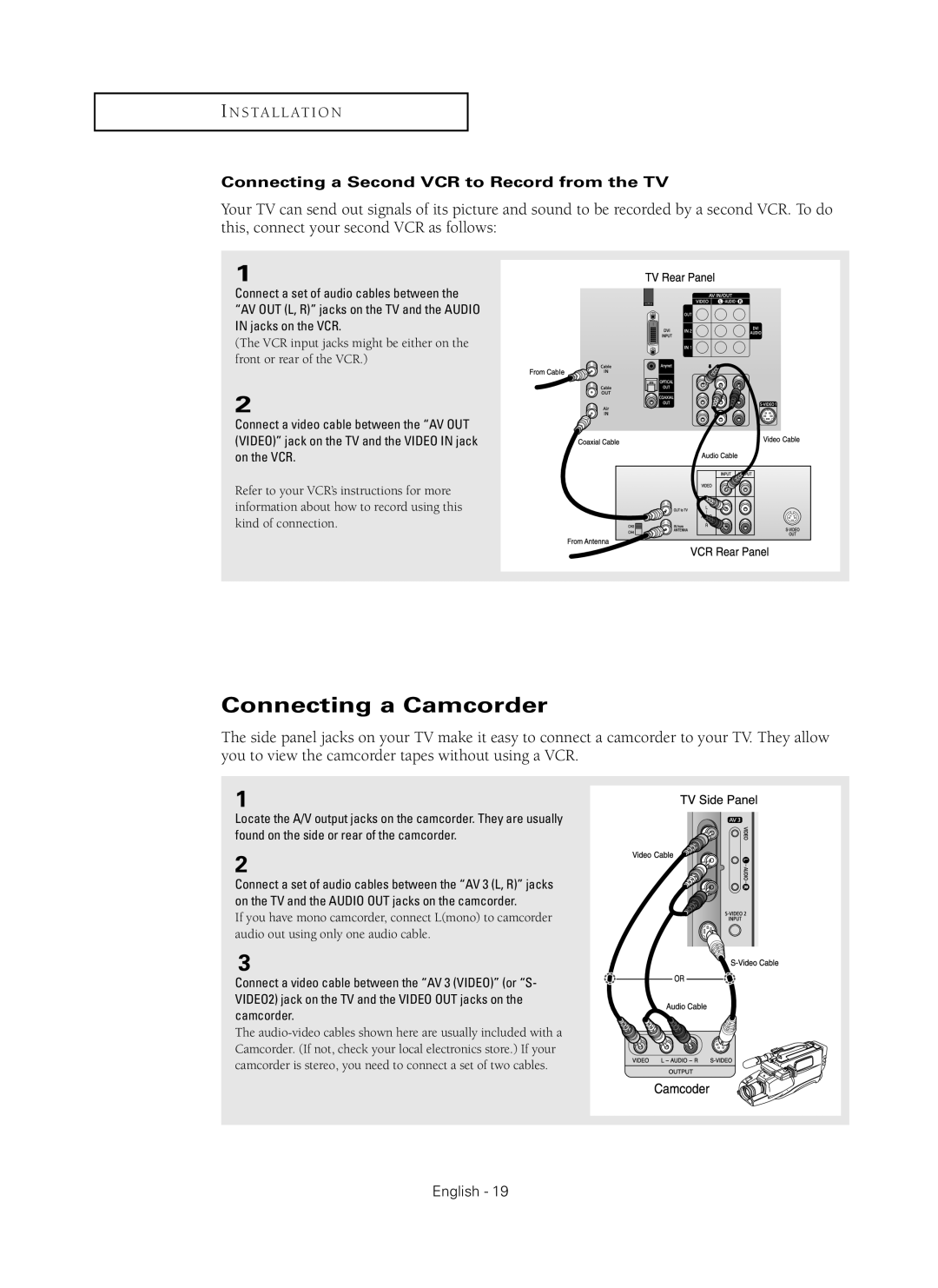 Samsung HC-P5256W manual Connecting a Camcorder, Connecting a Second VCR to Record from the TV 