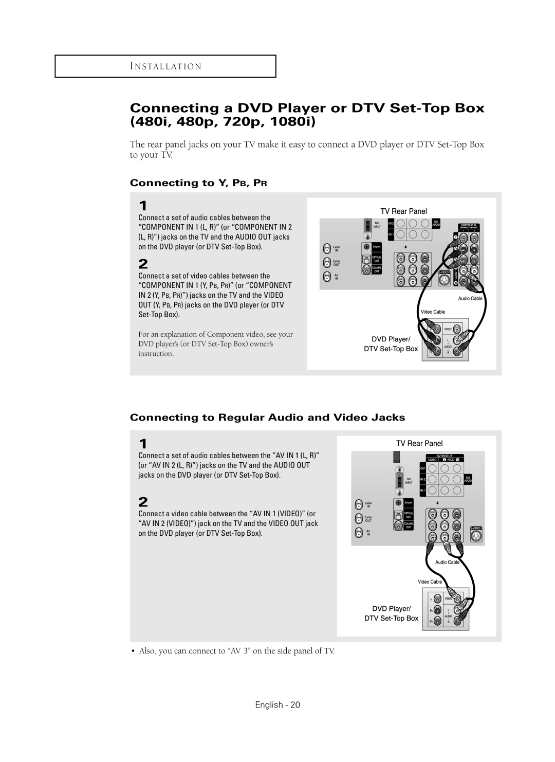 Samsung HC-P5256W manual Connecting a DVD Player or DTV Set-Top Box 480i, 480p, 720p, Connect a set of audio cables between 