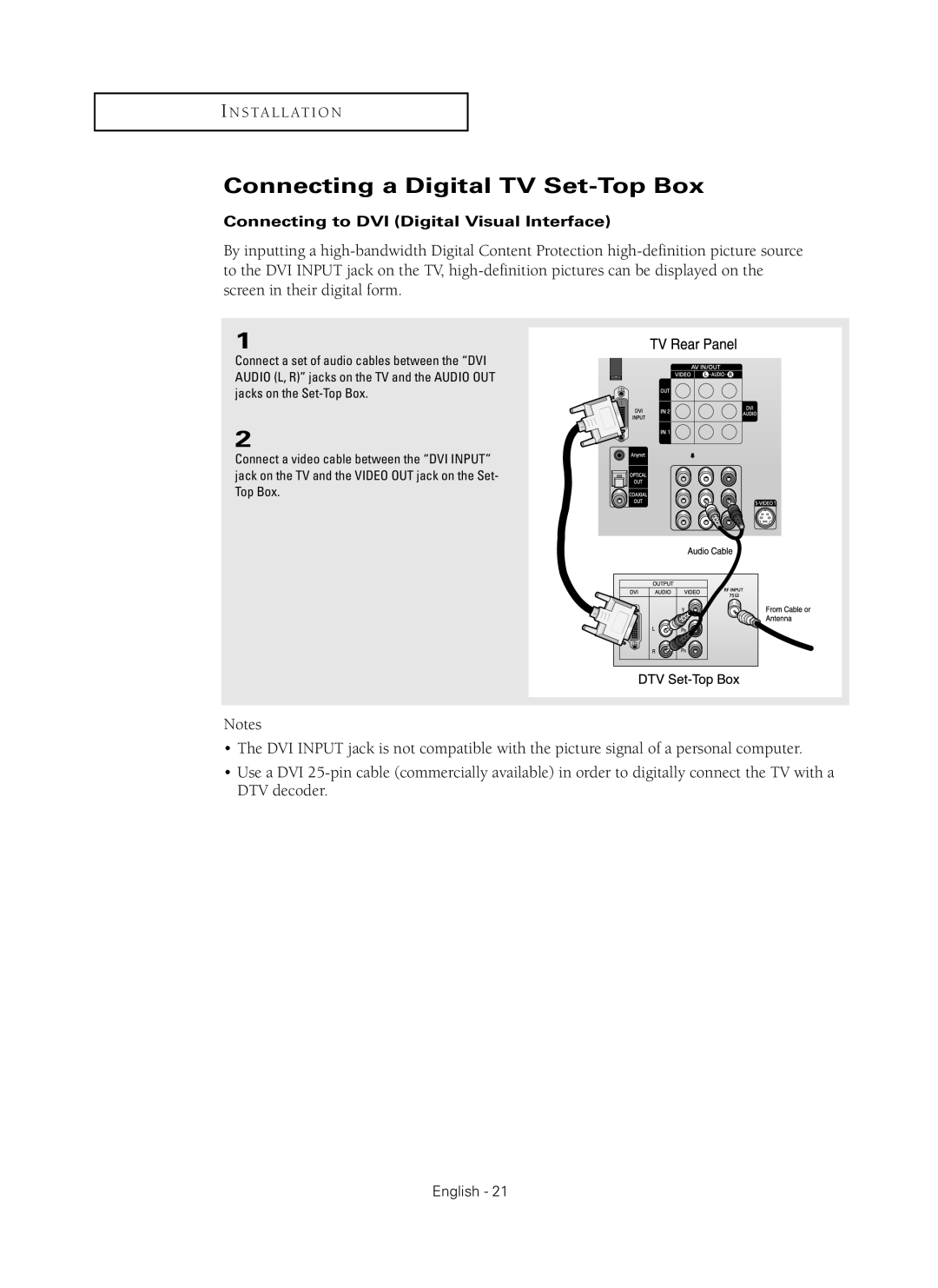 Samsung HC-P5256W manual Connecting a Digital TV Set-Top Box, Connecting to DVI Digital Visual Interface 