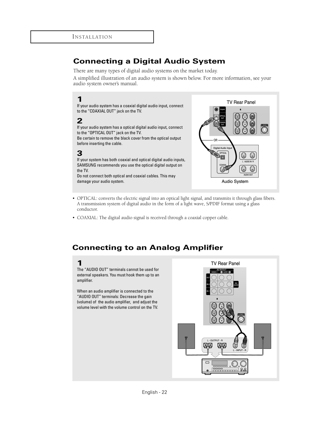 Samsung HC-P5256W manual Connecting a Digital Audio System, Connecting to an Analog Amplifier 