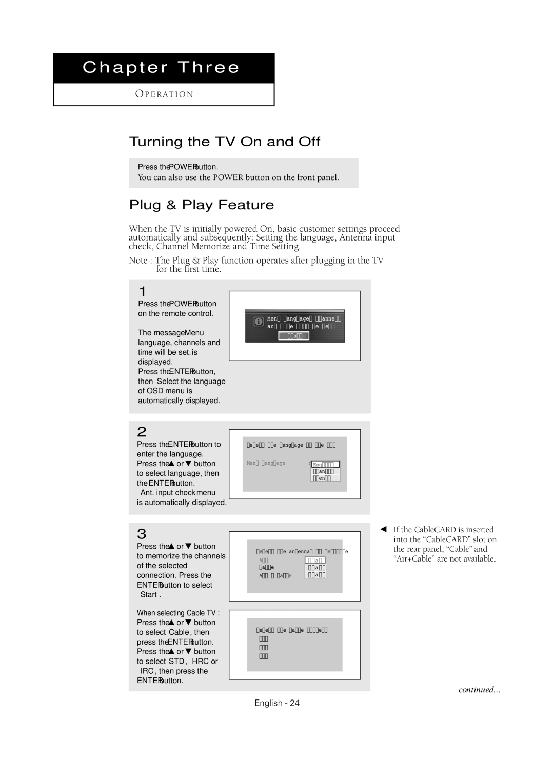 Samsung HC-P5256W manual Turning the TV On and Off, Plug & Play Feature, Press the Power button 