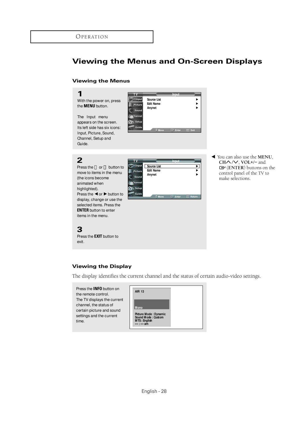 Samsung HC-P5256W manual Viewing the Menus and On-Screen Displays, Viewing the Display, Press the Exit button to exit 