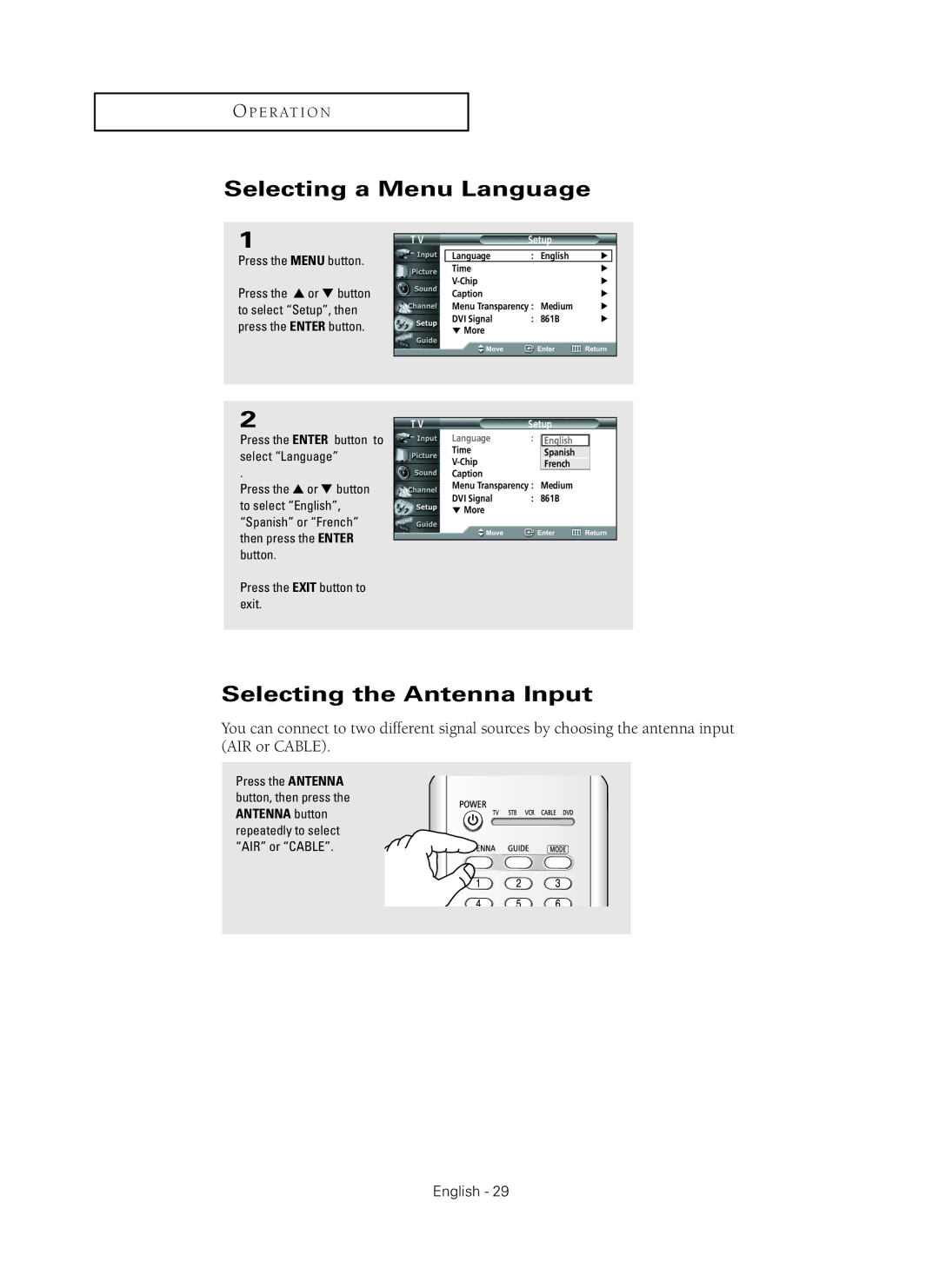 Samsung HC-P5256W manual Selecting a Menu Language, Selecting the Antenna Input 