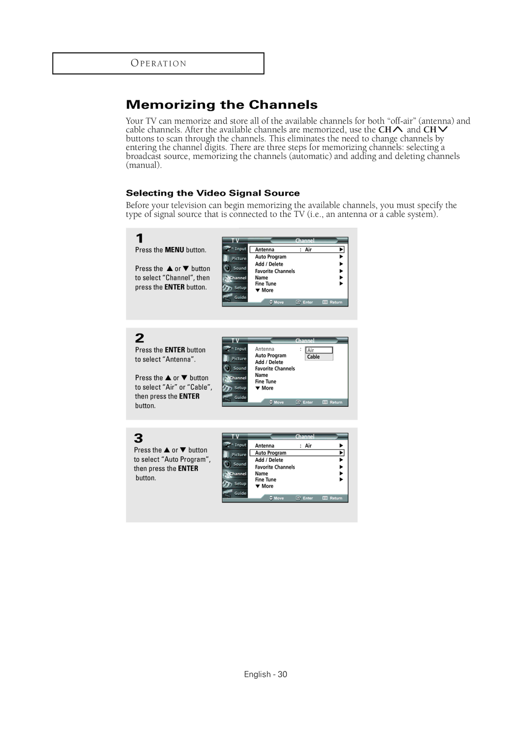 Samsung HC-P5256W manual Memorizing the Channels, Selecting the Video Signal Source 