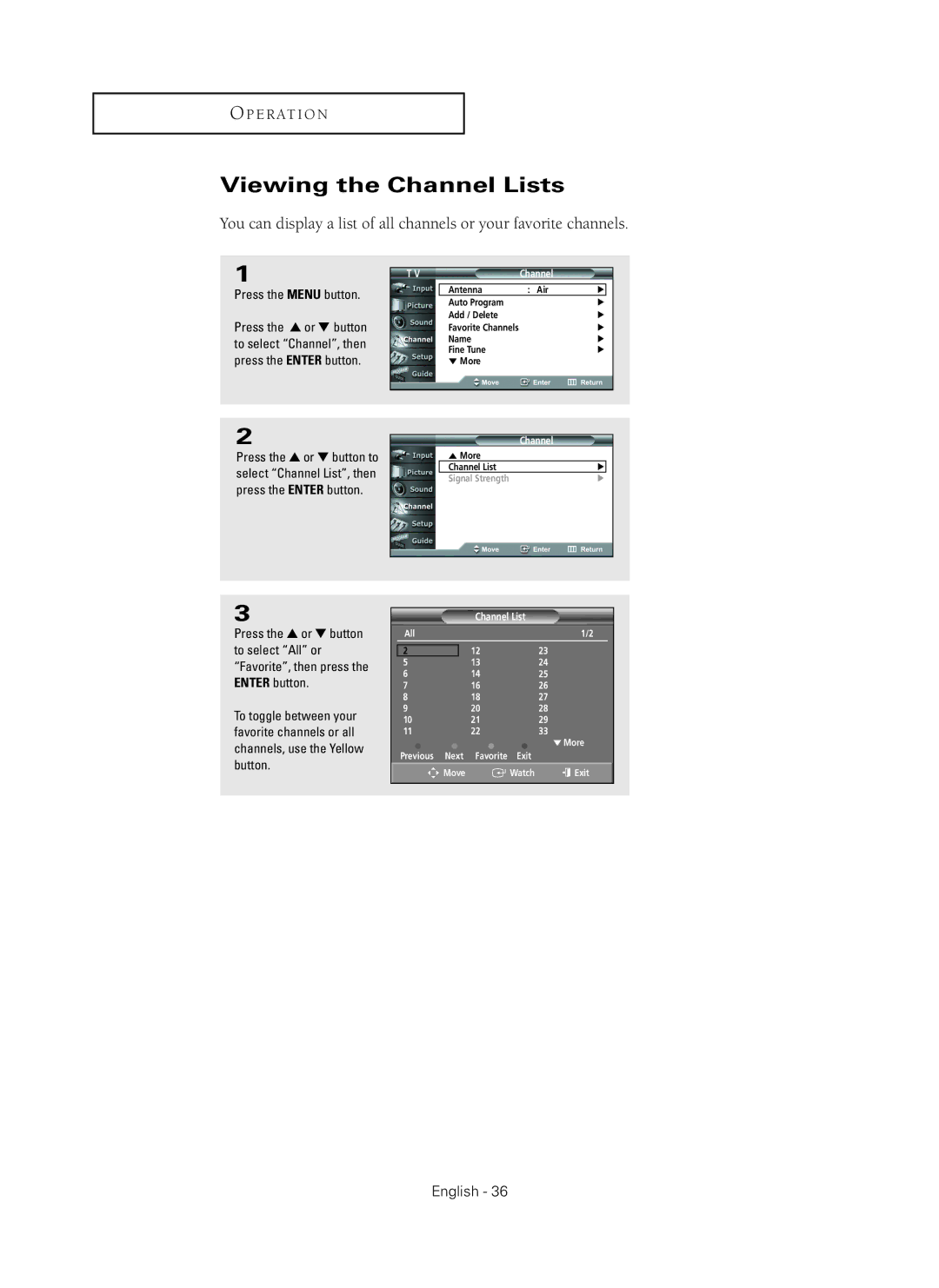 Samsung HC-P5256W manual Viewing the Channel Lists 