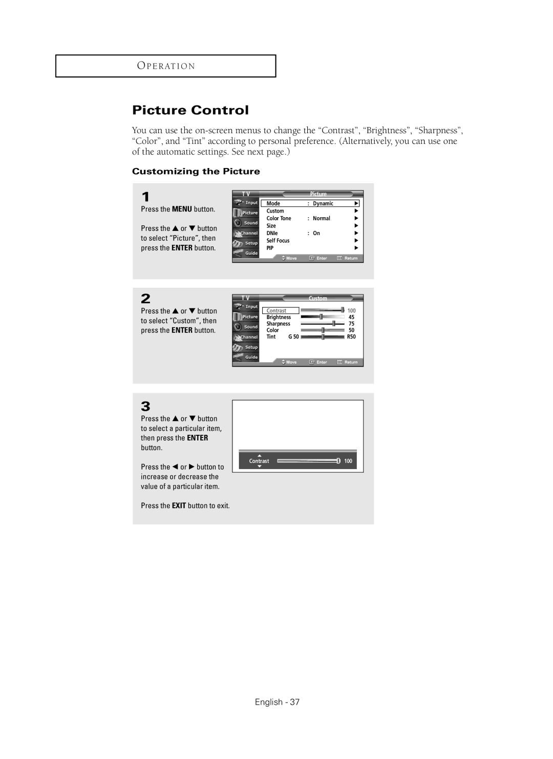 Samsung HC-P5256W manual Picture Control, Customizing the Picture 