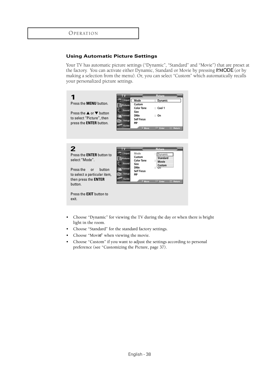 Samsung HC-P5256W manual Using Automatic Picture Settings 