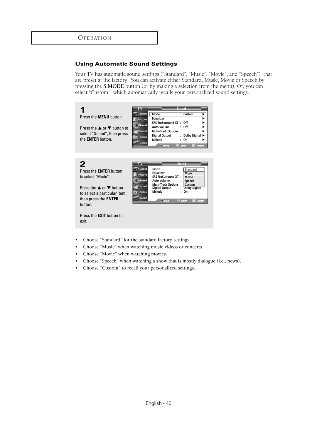 Samsung HC-P5256W manual Using Automatic Sound Settings, Mode Standard 