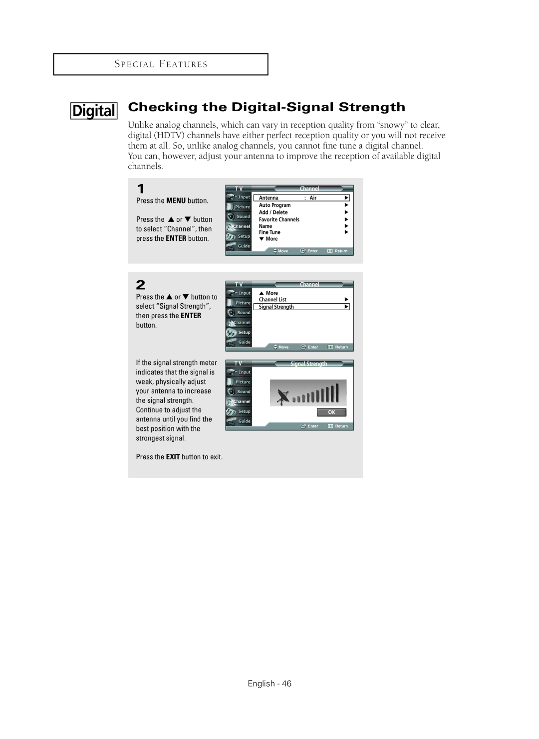 Samsung HC-P5256W manual Checking the Digital-Signal Strength 