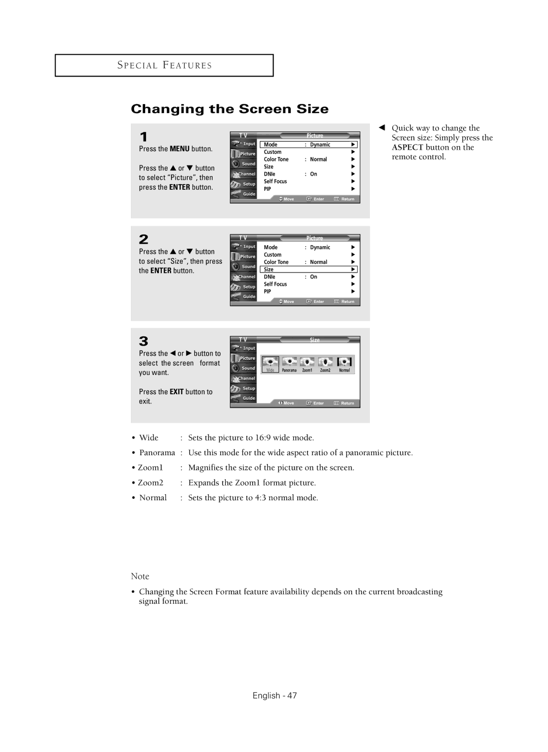 Samsung HC-P5256W manual Changing the Screen Size 