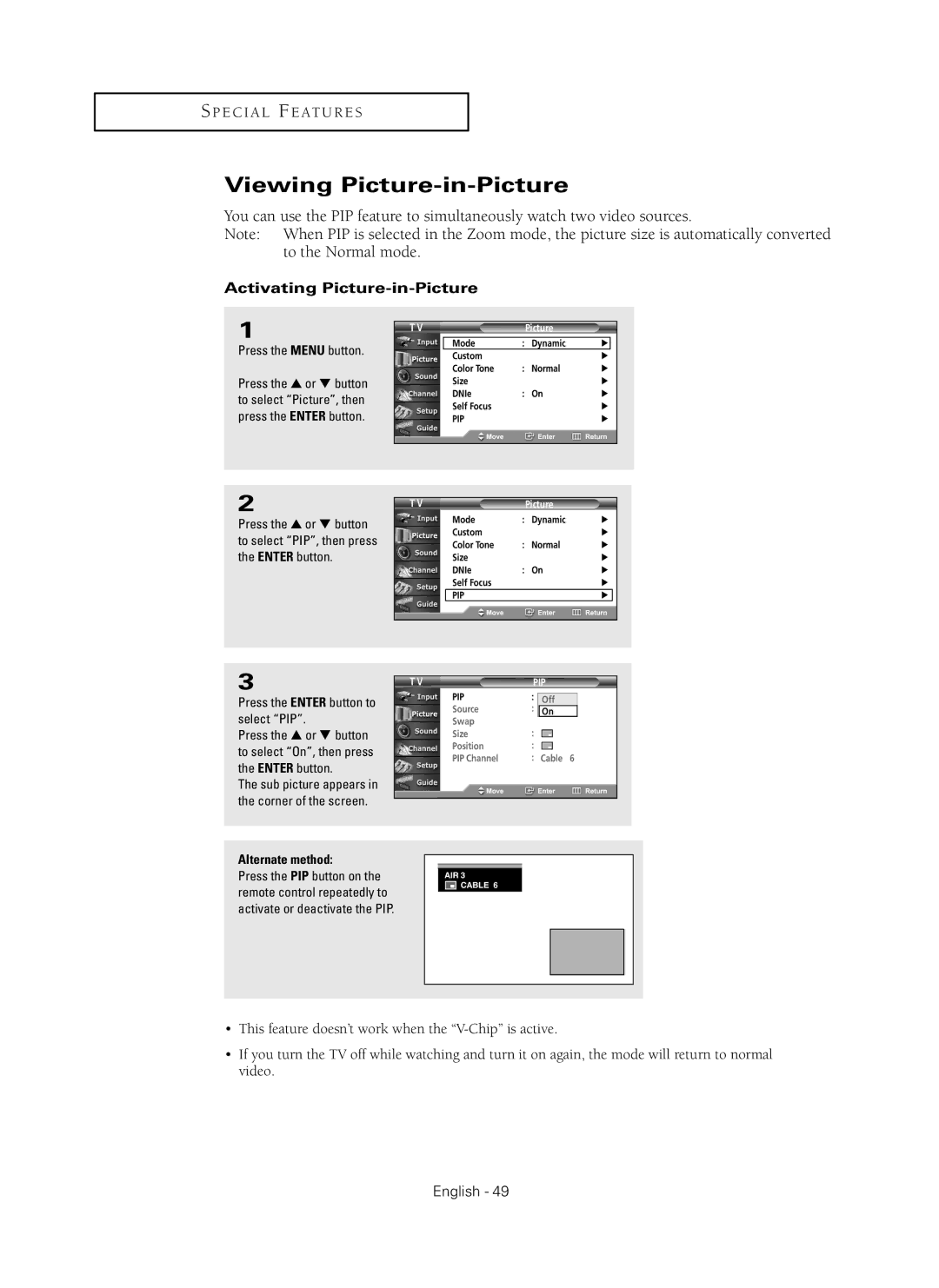 Samsung HC-P5256W manual Viewing Picture-in-Picture, Activating Picture-in-Picture, Press the Enter button to select PIP 