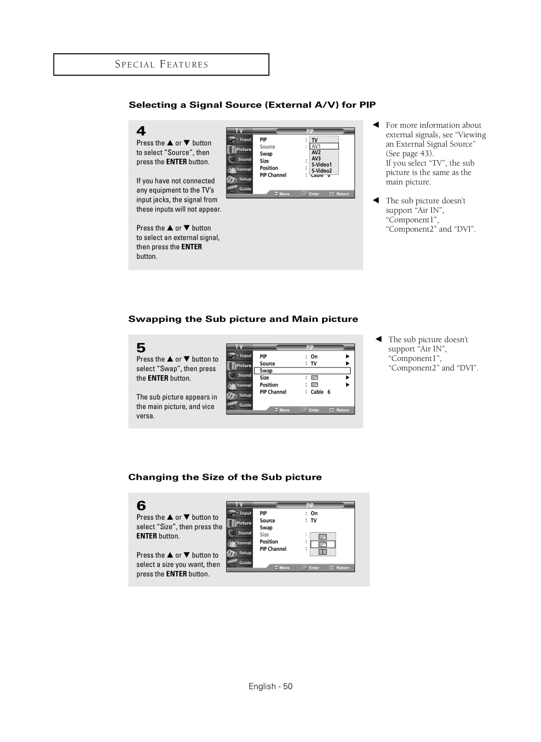 Samsung HC-P5256W manual Selecting a Signal Source External A/V for PIP, Swapping the Sub picture and Main picture 