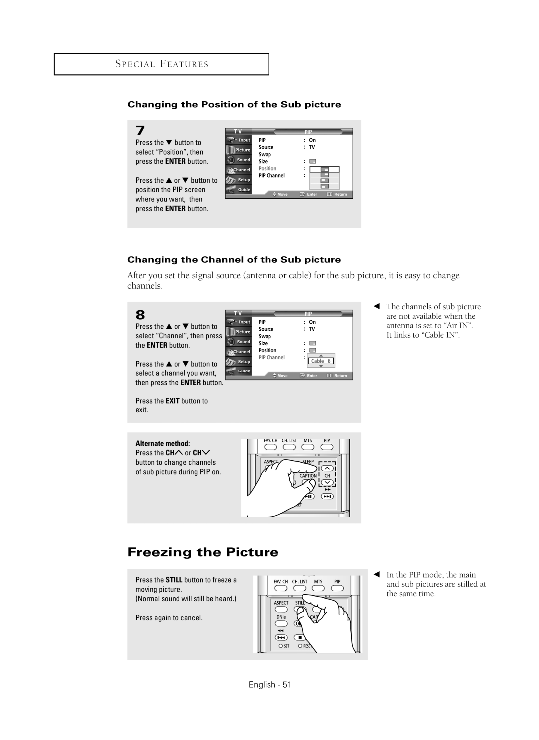 Samsung HC-P5256W Freezing the Picture, Changing the Position of the Sub picture, Changing the Channel of the Sub picture 