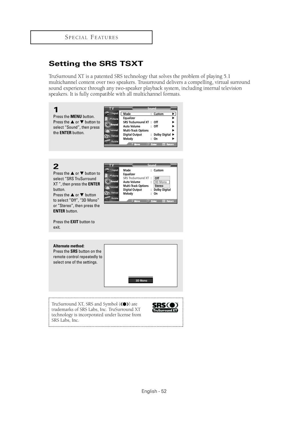 Samsung HC-P5256W manual Setting the SRS Tsxt, Press the Exit button to exit 