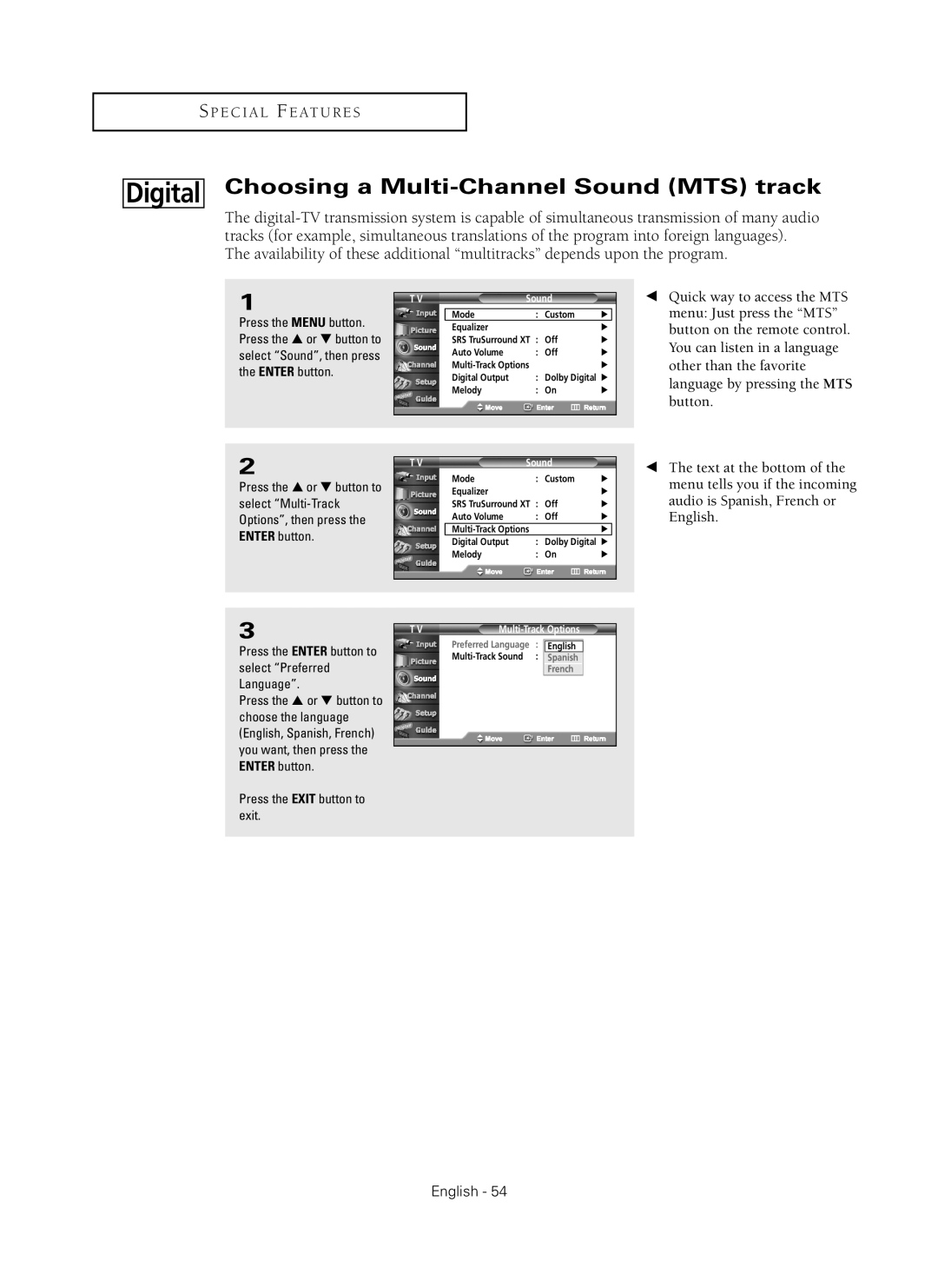 Samsung HC-P5256W manual Choosing a Multi-Channel Sound MTS track, Press the Enter button to select Preferred Language 